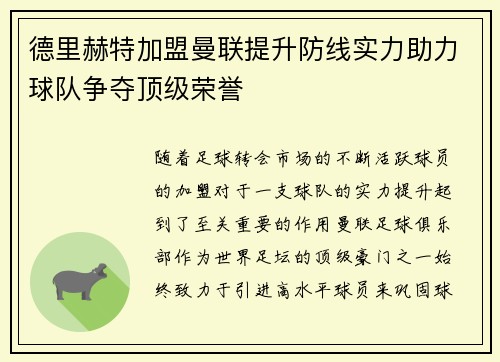 德里赫特加盟曼联提升防线实力助力球队争夺顶级荣誉