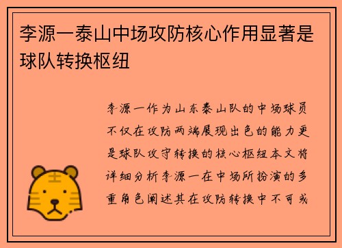 李源一泰山中场攻防核心作用显著是球队转换枢纽