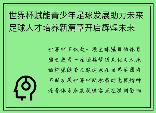 世界杯赋能青少年足球发展助力未来足球人才培养新篇章开启辉煌未来